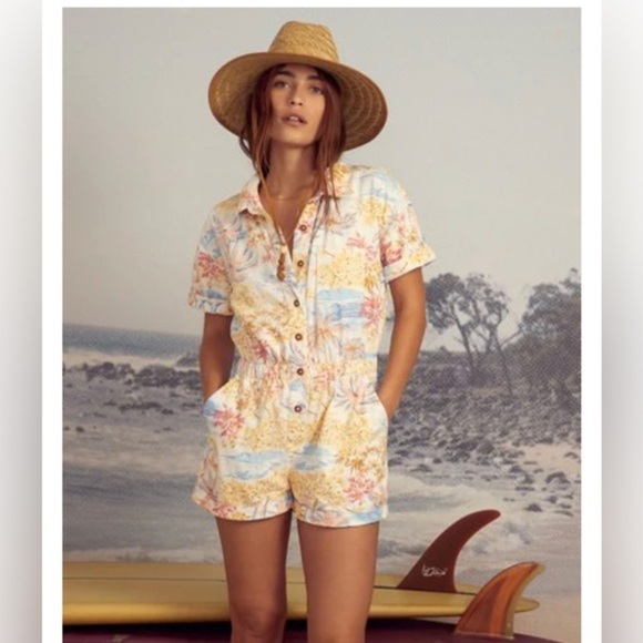 Billabong X Wrangler Cali yellow multi Sun floral Romper short coverall size S - Picture 4 of 6